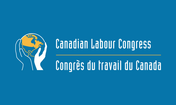 White and yellow Canadian Labour Congress logo on blue background
