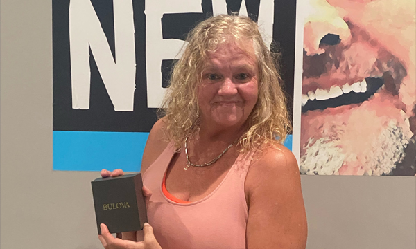 Shannon drops into the union office to pick up her retirement gift